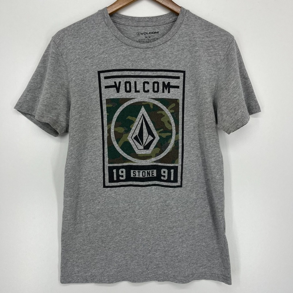 Volcom Mens Heather Gray Camo Stone Logo Graphic T-Shirt Size Medium